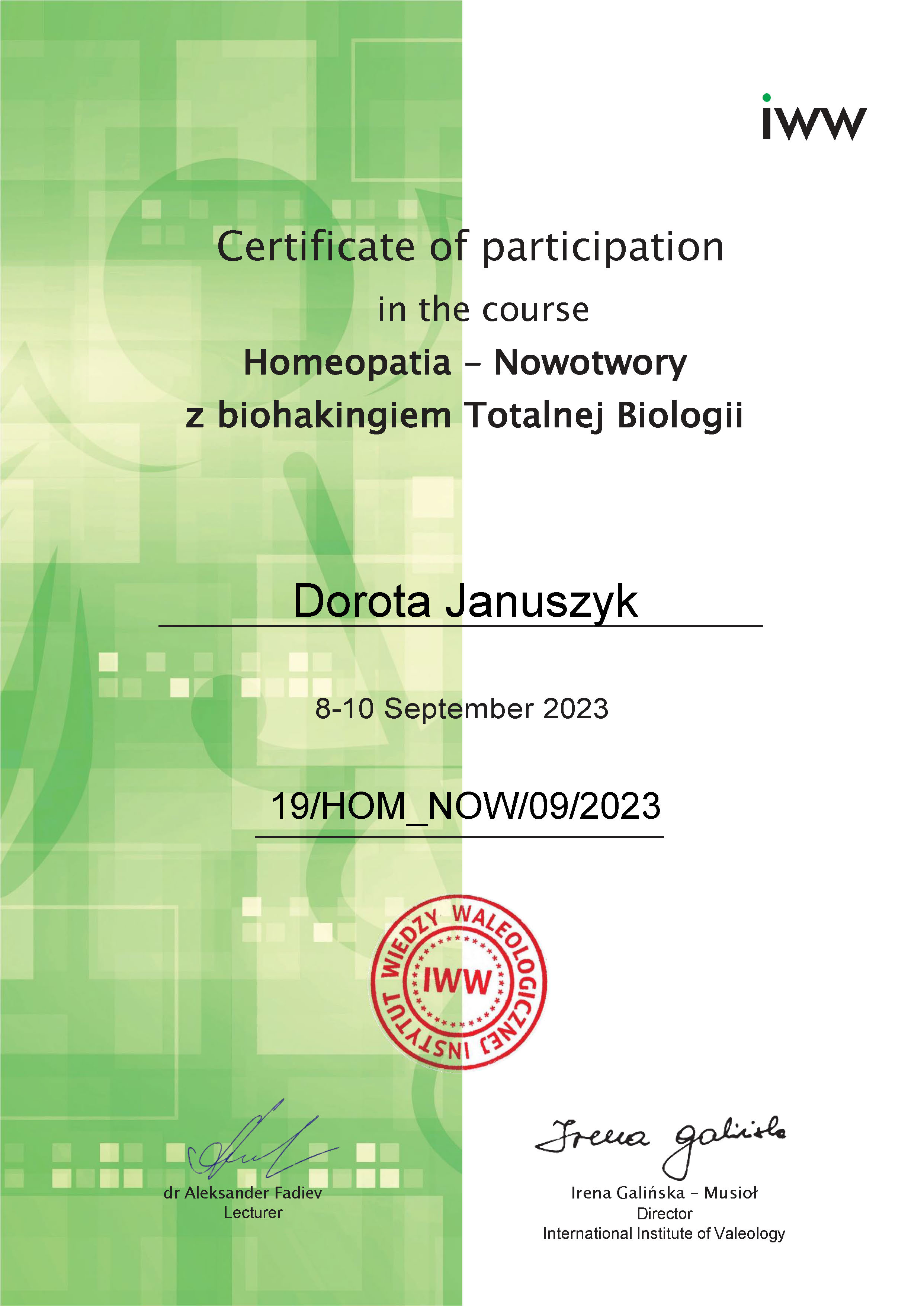 Certyfikat Homeopatia Nowotwory