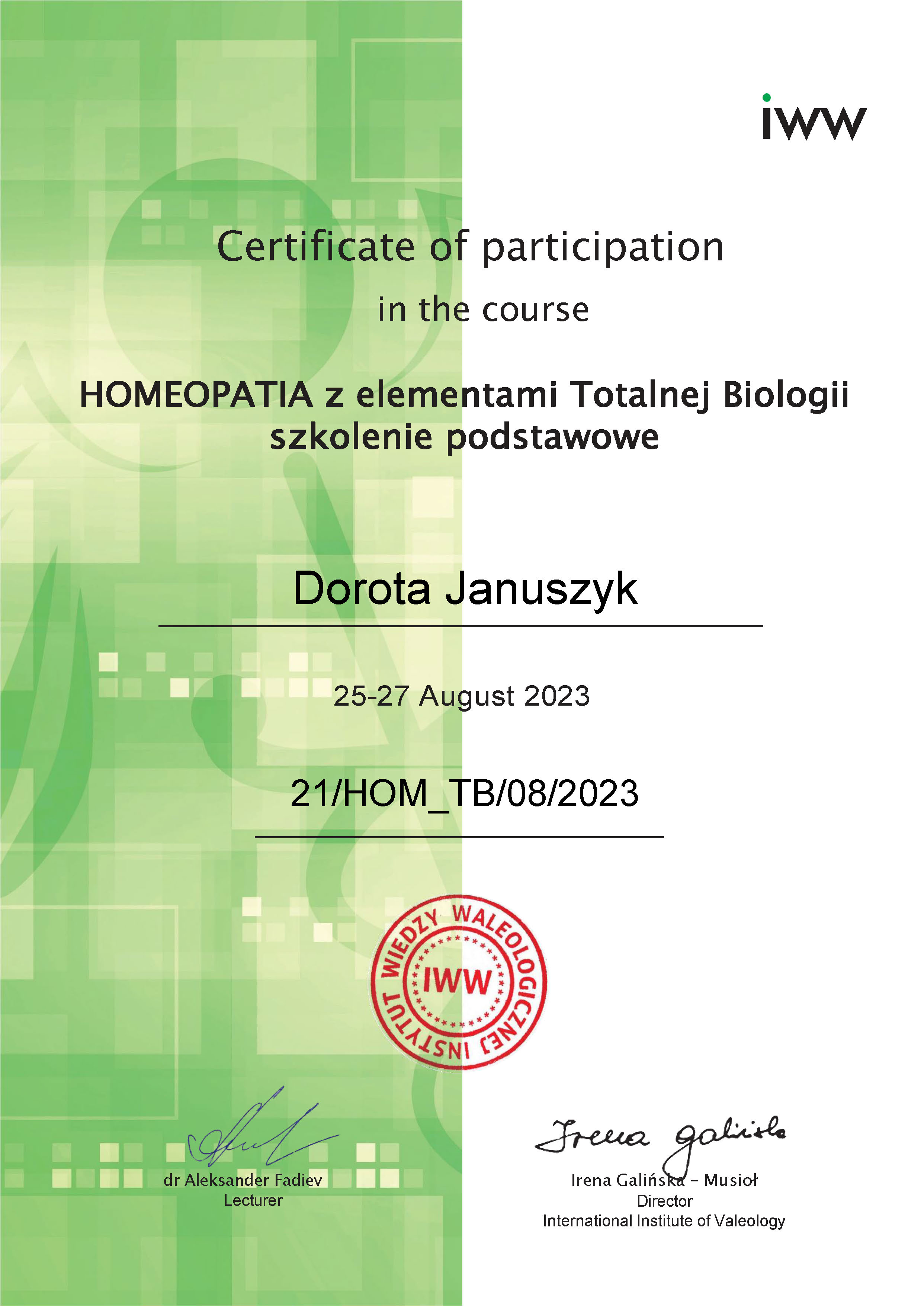 Certyfikat Homeopatia TB