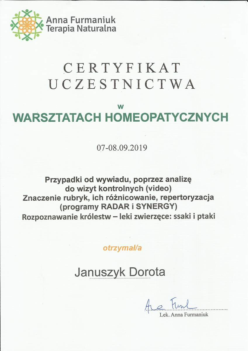 Certyfikat Homeopata Furmaniuk 2019