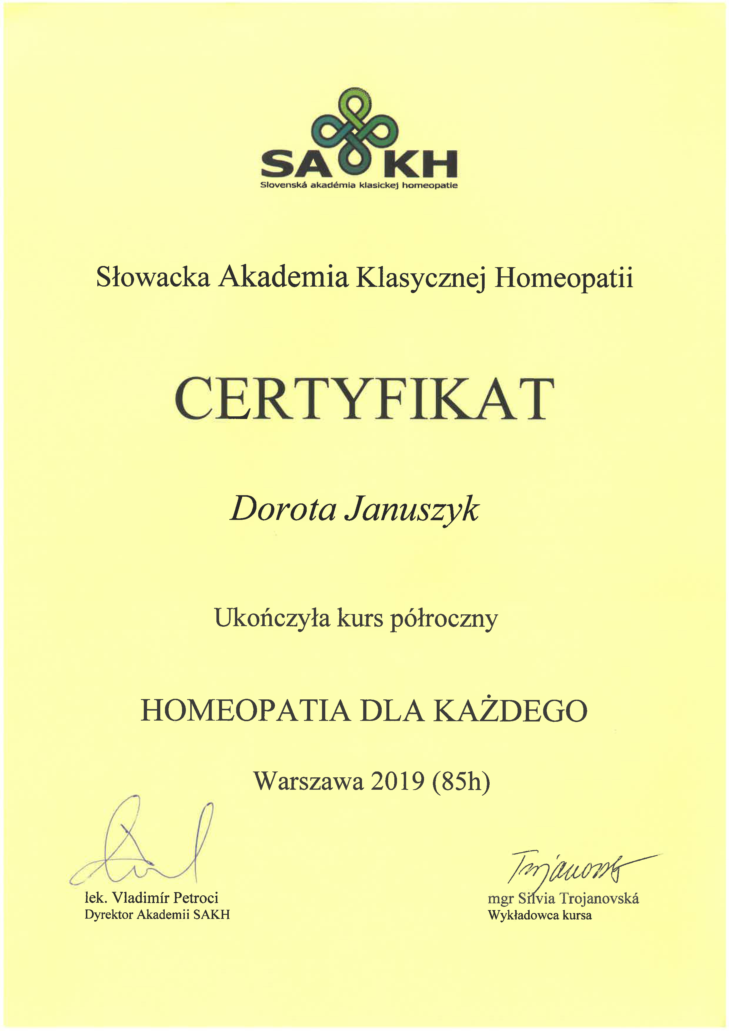 Certyfikat Homeopatia