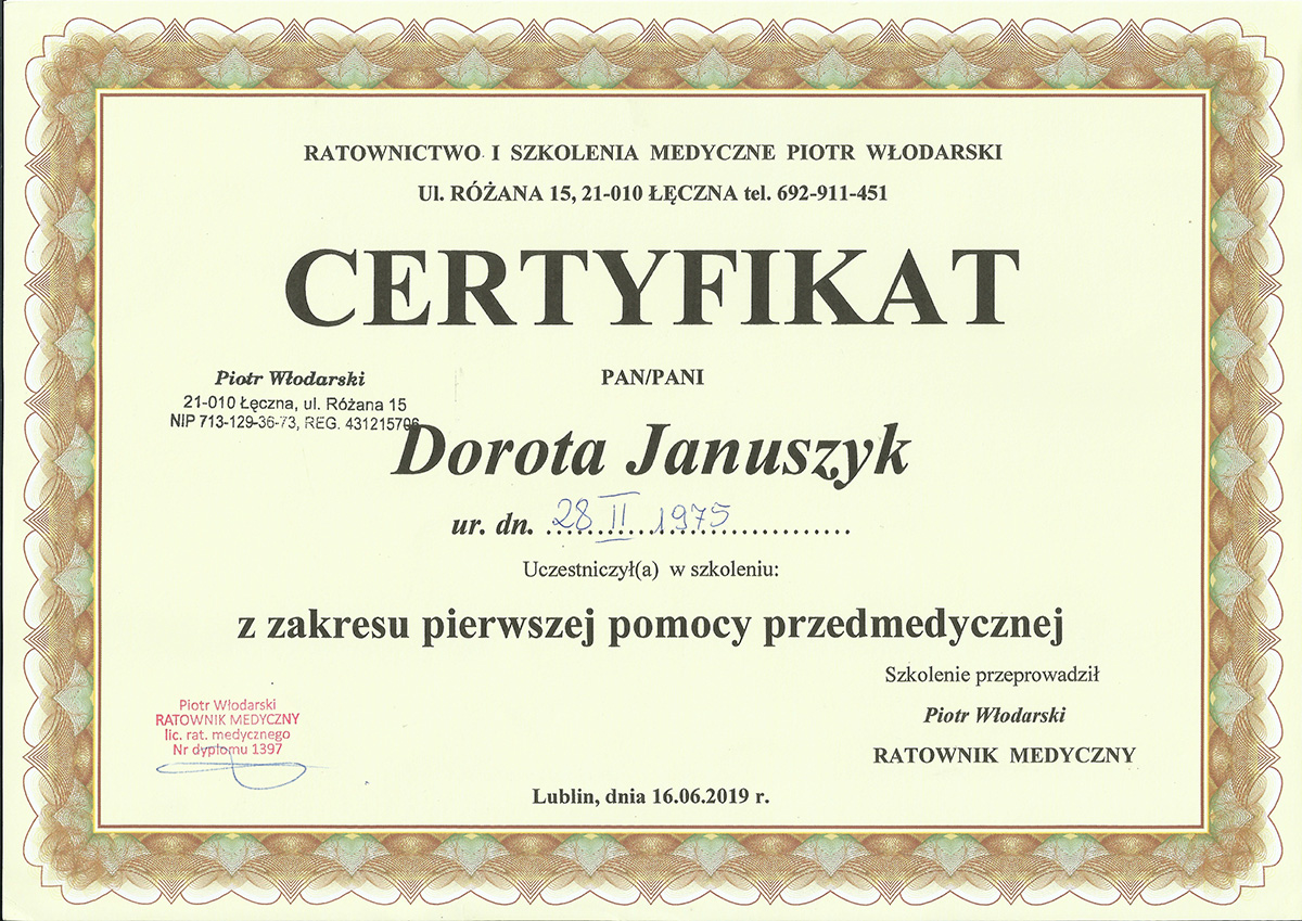 Certyfikat Pierwszej Pomocy
